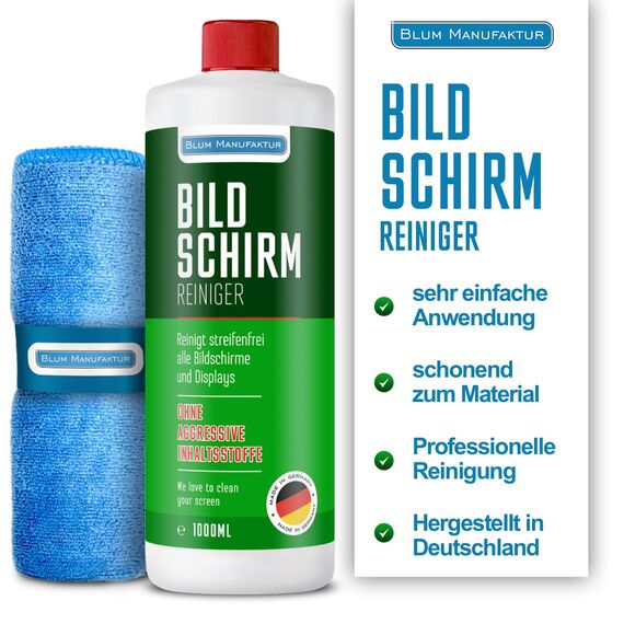Blum Manufaktur 1000 ml Bildschirmreiniger + 30x30 cm Mikrofasertuch Supersoft 365GSM - Screen Cleaner - Display Reiniger