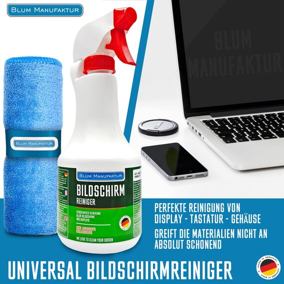 BLUM MANUFAKTUR Bildschirmreiniger 1x 500 ml + 30x30 cm Mikrofasertuch supersoft 365GSM - Screen Cleaner - Display Reiniger
