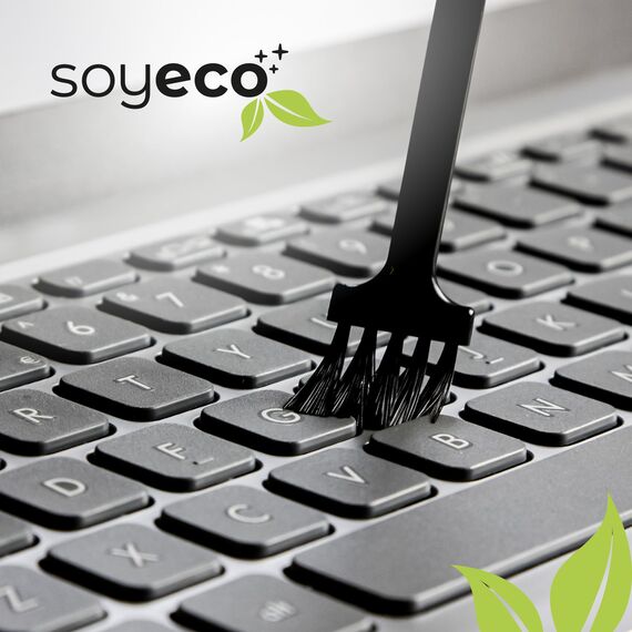 SOYECO ECO Bildschirmreiniger Set 500ml mit 2X Mikrofasertücher & Pinsel - für eine umfassende Gerätepflege - Fernseh Displays (LCD, LED, OLED, QLED, TFT), Handy, Laptop sowie Tastatur, PC & uvm.