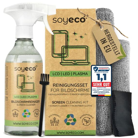 SOYECO ECO Bildschirmreiniger Set 500ml mit 2X Mikrofasertücher & Pinsel - für eine umfassende Gerätepflege - Fernseh Displays (LCD, LED, OLED, QLED, TFT), Handy, Laptop sowie Tastatur, PC & uvm.