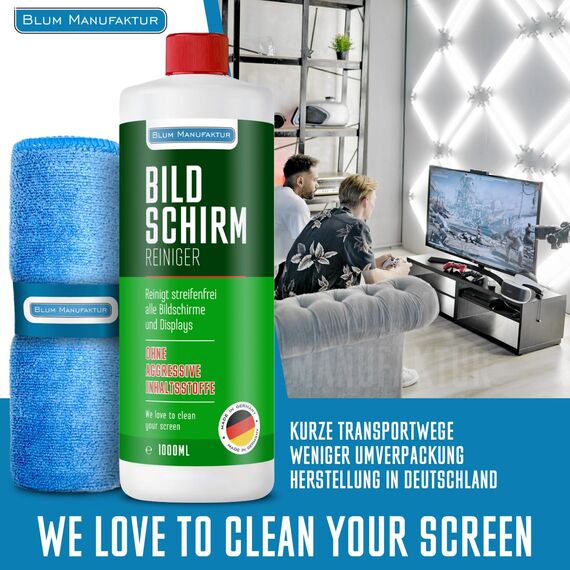 Blum Manufaktur 1000 ml Bildschirmreiniger + 30x30 cm Mikrofasertuch Supersoft 365GSM - Screen Cleaner - Display Reiniger