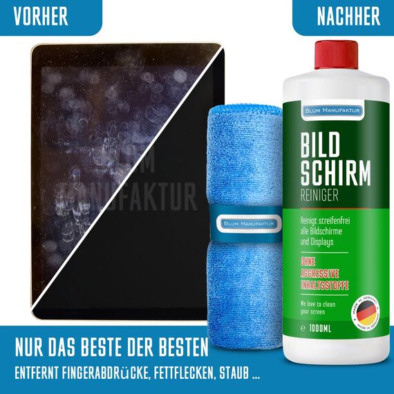 Blum Manufaktur 1000 ml Bildschirmreiniger + 30x30 cm Mikrofasertuch Supersoft 365GSM - Screen Cleaner - Display Reiniger