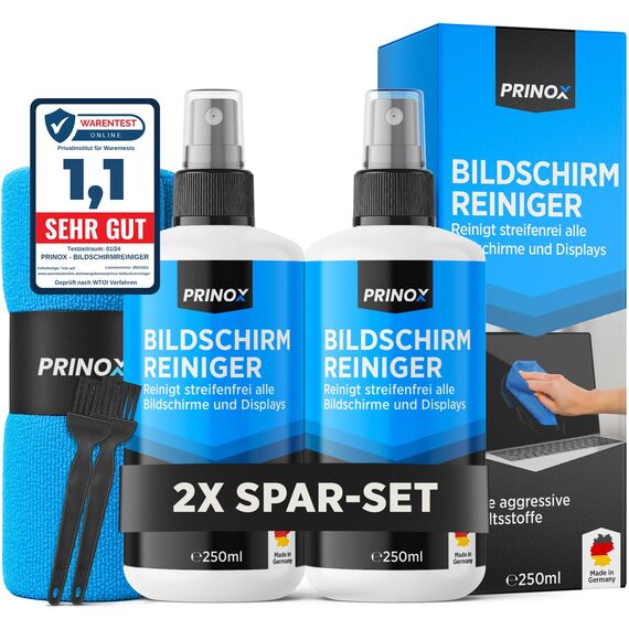 PRINOX 2x Bildschirmreiniger Set 250ml mit Mikrofasertuch und Pinsel - Display Reiniger für Handy, Laptop und TV Displays (LCD, LED, OLED, QLED, TFT) gegen Fettflecken und Fingerabdrücke