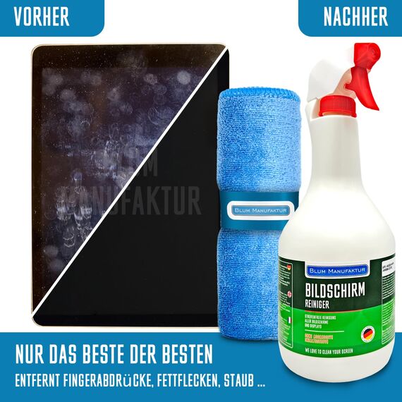 BLUM MANUFAKTUR Bildschirmreiniger 1x 1000 ml + 30x30 cm Mikrofasertuch supersoft 365GSM - Screen Cleaner - Display Reiniger