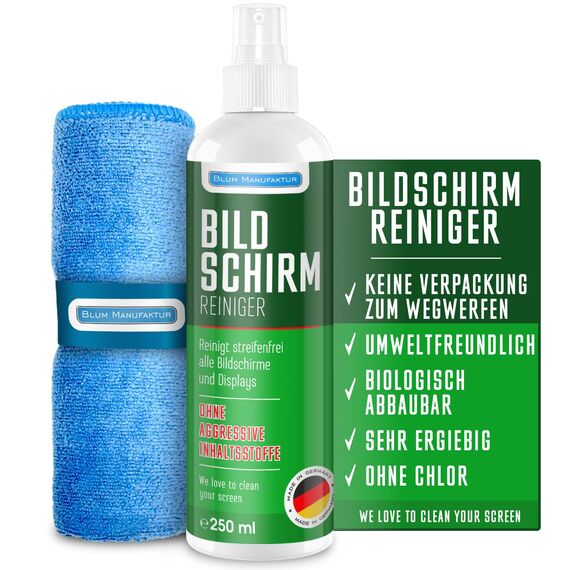 Blum Manufaktur 250ml Bildschirmreiniger + 30x30 cm Mikrofasertuch - Screen Cleaner - Display Reiniger - Absolut streifenfreie Reinigung von Handy, Laptop, PC, TV