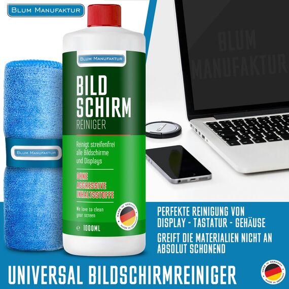 Blum Manufaktur 1000 ml Bildschirmreiniger + 30x30 cm Mikrofasertuch Supersoft 365GSM - Screen Cleaner - Display Reiniger