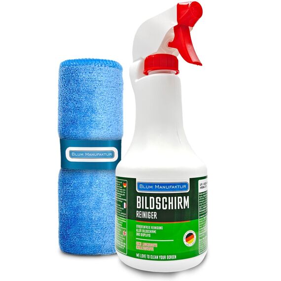 BLUM MANUFAKTUR Bildschirmreiniger 1x 500 ml + 30x30 cm Mikrofasertuch supersoft 365GSM - Screen Cleaner - Display Reiniger