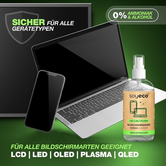 SOYECO ECO Reinigungsset - Bildschirmreiniger 250ml + 2 Mikrofasertücher + Tastaturpinsel - für eine umfassende Gerätepflege - geeignet für alle Handy, Laptop & Displays sowie Tastatur, PC, PS5 uvm.