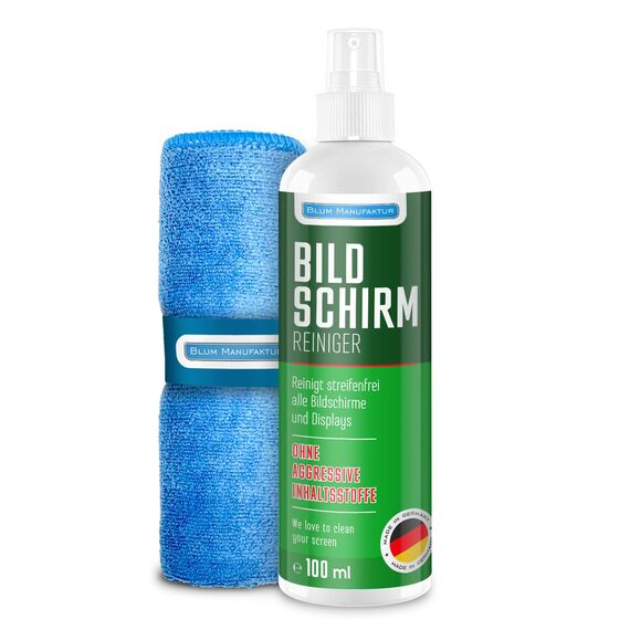 BLUM MANUFAKTUR 1x 100ml Bildschirmreiniger + 30x30 cm Mikrofasertuch Supersoft 365GSM - Screen Cleaner - Display Reiniger - Absolut streifenfreie Reinigung von Handy, Laptop, PC, TV