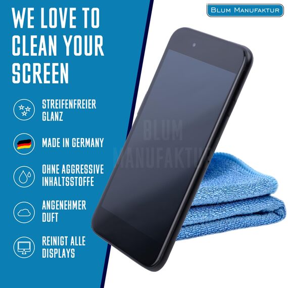 Blum Manufaktur 1000 ml Bildschirmreiniger + 30x30 cm Mikrofasertuch Supersoft 365GSM - Screen Cleaner - Display Reiniger
