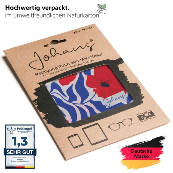 Johans® XXL Mikrofasertuch zur Reinigung von Smartphone, Tablet, Brille, Display, Kamera | Displaytuch, Brillenputztuch, Reinigungstuch | Optikerqualität in 30x30cm (Poppy)