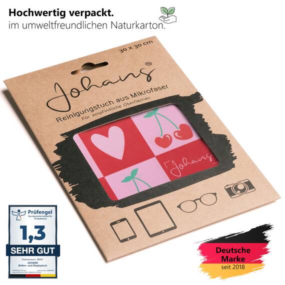 Johans® XXL Mikrofasertuch zur Reinigung von Smartphone, Tablet, Brille, Display, Kamera | Displaytuch, Brillenputztuch, Reinigungstuch | Optikerqualität in 30x30cm (Cherry Love)
