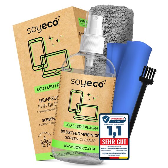 SOYECO ECO Reinigungsset - Bildschirmreiniger 250ml + 2 Mikrofasertücher + Tastaturpinsel - für eine umfassende Gerätepflege - geeignet für alle Handy, Laptop & Displays sowie Tastatur, PC, PS5 uvm.
