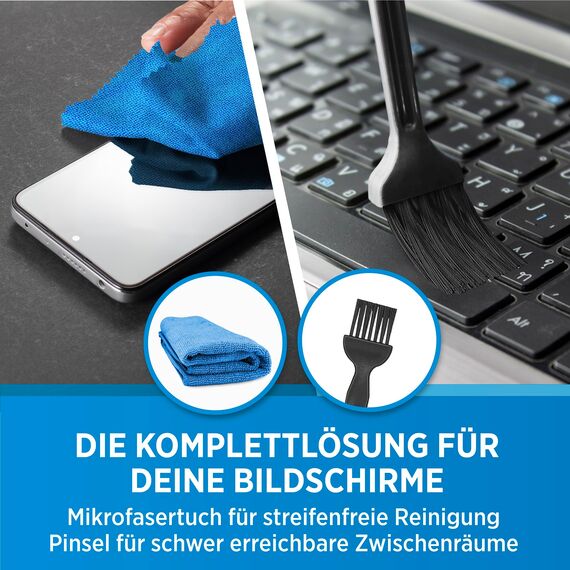 PRINOX 2x Bildschirmreiniger Set 250ml mit Mikrofasertuch und Pinsel - Display Reiniger für Handy, Laptop und TV Displays (LCD, LED, OLED, QLED, TFT) gegen Fettflecken und Fingerabdrücke