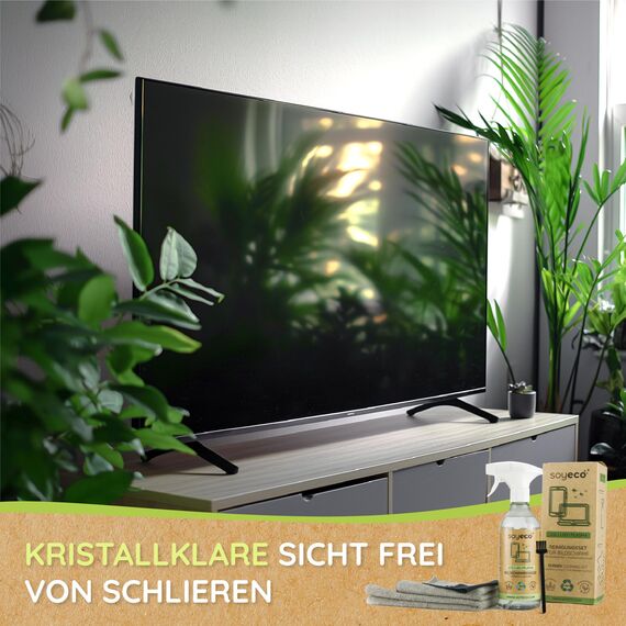 SOYECO ECO Bildschirmreiniger Set 500ml mit 2X Mikrofasertücher & Pinsel - für eine umfassende Gerätepflege - Fernseh Displays (LCD, LED, OLED, QLED, TFT), Handy, Laptop sowie Tastatur, PC & uvm.