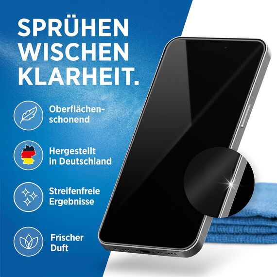 PRINOX Bildschirmreiniger Set 250ml mit Mikrofasertuch und Pinsel - Display Reiniger für Handy, Laptop und TV Displays (LCD, LED, OLED, QLED, TFT) gegen Fettflecken und Fingerabdrücke