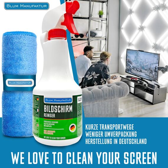 BLUM MANUFAKTUR Bildschirmreiniger 1x 500 ml + 30x30 cm Mikrofasertuch supersoft 365GSM - Screen Cleaner - Display Reiniger