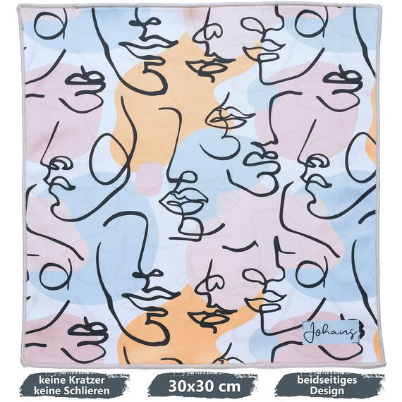 Johans® XXL Mikrofasertuch | Optikerqualität 30x30cm zur Reinigung von Brille, Smartphone, Tablet, Kamera | Brillenputztuch, Displaytuch (Faces)