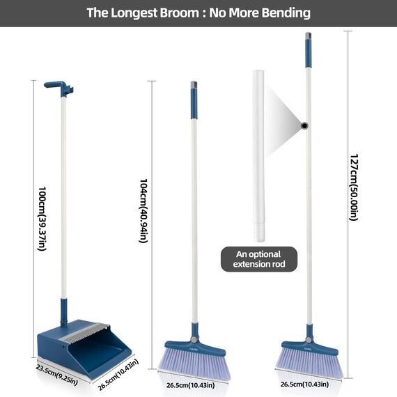 SDARISB Besen und Kehrschaufel Set mit 127cm Langem Griff Aufrechter Schaufel und Besen Set 180 Grad Drehbar Kehrmaschine und Kehrschaufel Combo für Haus Küche Büro Lobby Terrasse