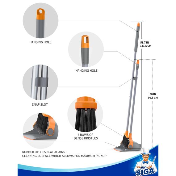 MR.SIGA Besen und Kehrschaufel Set mit langem Stiel, Standbesen mit Kehrschaufel Combo für die Reinigung von Büro, Garage, Lobby, leichtes Kehrset, 51.7"(131 cm) Langer Stiel, Grau & Orange