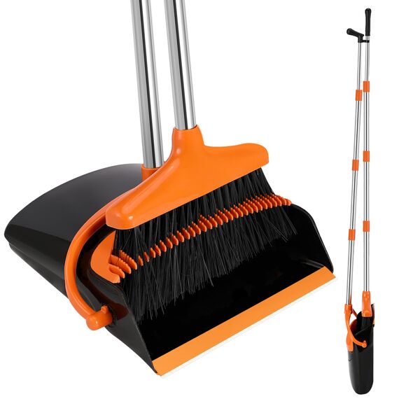 Mkitnvy Besen und Kehrschaufel Set, Aufrechter Besen mit ausziehbarem Stiel, Kehrschaufel mit 115 cm langem Stiel, orange, modern, Hartboden, Edelstahl, PET-Borsten