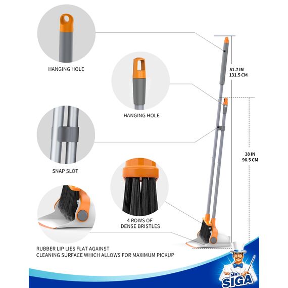 MR.SIGA Besen und Kehrschaufel Set mit langem Stiel, Standbesen mit Kehrschaufel Combo für die Reinigung von Büro, Garage, Lobby, leichtes Kehrset, 51.7"(131 cm) Langer Stiel, Weiß & Orange