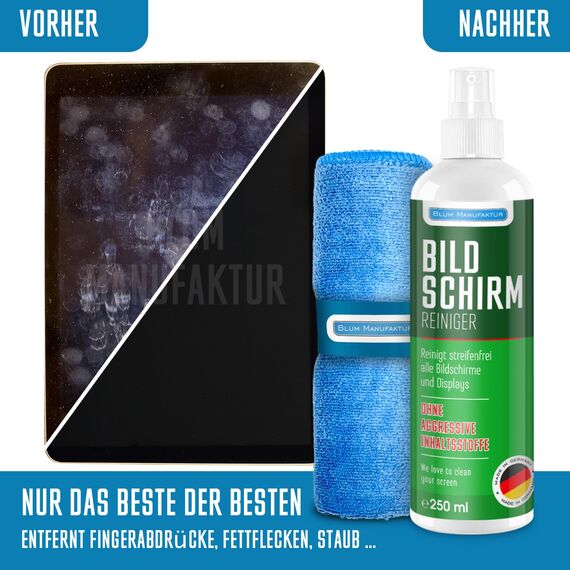 Blum Manufaktur Bildschirmreiniger 2 x 250 ml + 30x30 cm Mikrofasertuch supersoft 365GSM - Screen Cleaner - Display Reiniger