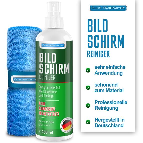 Blum Manufaktur Bildschirmreiniger 2 x 250 ml + 30x30 cm Mikrofasertuch supersoft 365GSM - Screen Cleaner - Display Reiniger