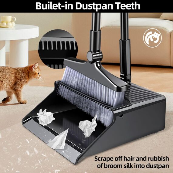 Besen und Kehrschaufel Set,Kehrschaufel und Bürste Set mit langem Griff,Kehrgarnitur ，180 Grad drehbare Kehrbürste,Haushaltsstaubwanne mit Kammzähnen für Indoor Outdoor Home Room Kitchen