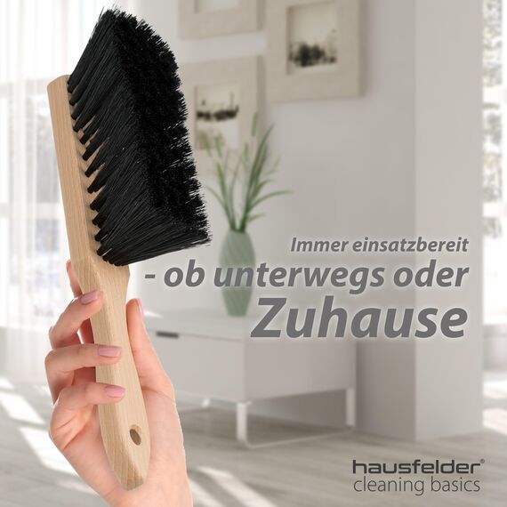 Hausfelder Handfeger Holz klein mit weichen Borsten – 2er Set Handbesen für Auto, Garten, Camping – Handkehrbesen aus Naturholz 28cm