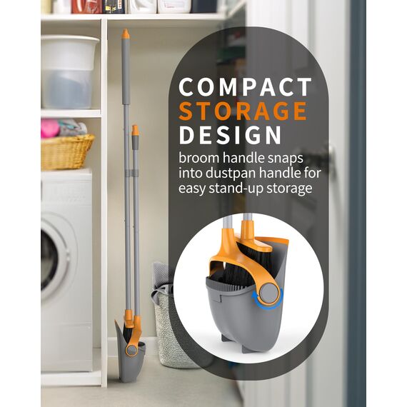 MR.SIGA Besen und Kehrschaufel Set mit langem Stiel, Standbesen mit Kehrschaufel Combo für die Reinigung von Büro, Garage, Lobby, leichtes Kehrset, 51.7"(131 cm) Langer Stiel, Grau & Orange