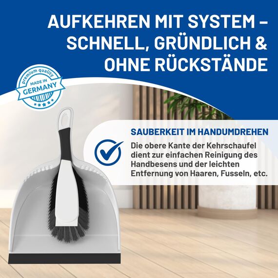 Rival Kehrgarnitur & Besen Set stahlgrau – Kehrblech mit Handbesen & Besen mit Teleskopstiel – Kehr-Set mit Besatz aus Rosshaarmischung – Kehrschaufel mit Handfeger & Kehrbesen für Innen & Außen