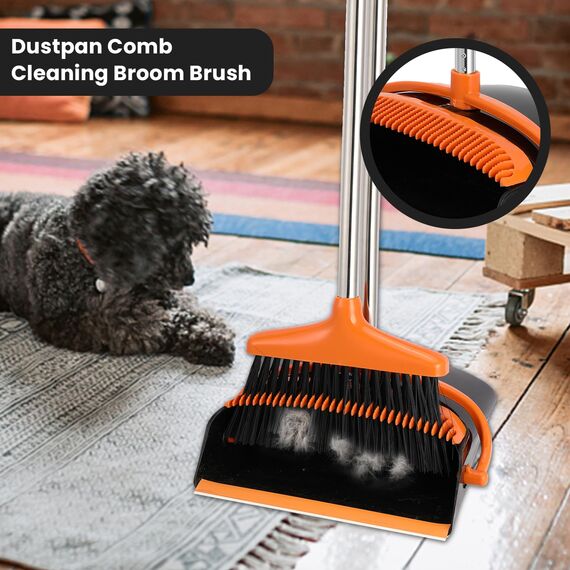 Mkitnvy Besen und Kehrschaufel Set, Aufrechter Besen mit ausziehbarem Stiel, Kehrschaufel mit 115 cm langem Stiel, orange, modern, Hartboden, Edelstahl, PET-Borsten