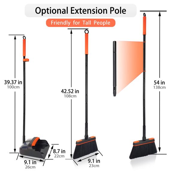 JEHONN Besen und Kehrschaufelset Set mit Langem Griff, 180 Grad Drehbar Kehrmaschine und Kehrschaufel Combo für Haus, Büro, Lobbykehr