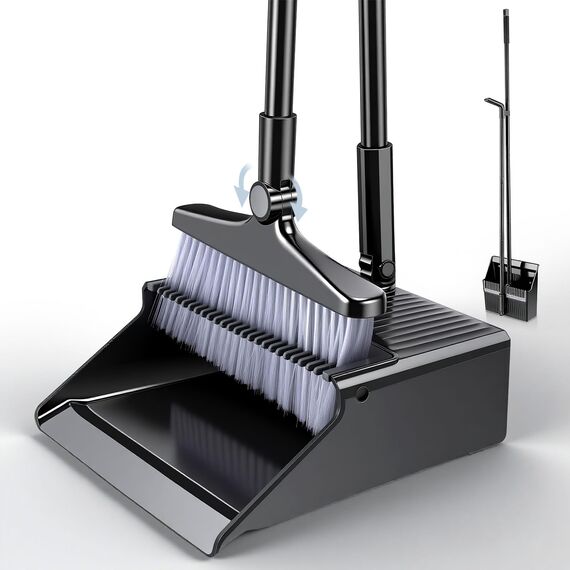 Besen und Kehrschaufel Set,Kehrschaufel und Bürste Set mit langem Griff,Kehrgarnitur ，180 Grad drehbare Kehrbürste,Haushaltsstaubwanne mit Kammzähnen für Indoor Outdoor Home Room Kitchen