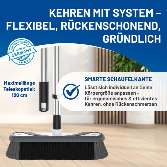 Rival Kehrgarnitur & Besen Set stahlgrau – Kehrblech mit Handbesen & Besen mit Teleskopstiel – Kehr-Set mit Besatz aus Rosshaarmischung – Kehrschaufel mit Handfeger & Kehrbesen für Innen & Außen