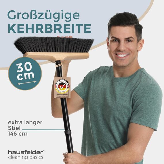 Hausfelder Besen mit Stiel, Haushaltsbesen & Zimmerbesen 30cm breit, Holz Kehrbesen mit weichen Borsten für Innen, Stubenbesen Indoor schwarz