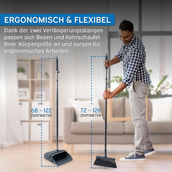 kör4u Besen-Set mit langem Stiel und Kehrschaufel - 180 Grad drehbarer Besenkopf, ergonomisch & platzsparend – für Tierhaare, Hartböden, Haushalt & Büro
