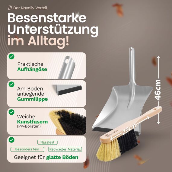 Novaliv Zimmerbesen mit Stiel FEINE KUNSTBORSTEN Besen weiche Borsten Schrankbesen mit Teleskopstiel und Handfeger Kehrblechgarnitur Metall mit Gummilippe Kehrblechbesen Feger und Kehrblech