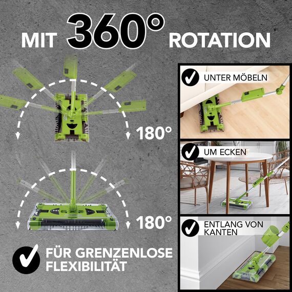 Swivel Sweeper Akku-Besen - einfache Krümelaufnahme - Kabellos, beutellos & wiederaufladbar - Bodenfeger mit rückenschonendem Knickgelenk & 360° Rotation - Maximale Flexibilität - Mühelose Reinigung