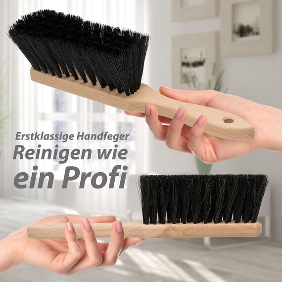 Hausfelder Handfeger Holz klein mit weichen Borsten – 2er Set Handbesen für Auto, Garten, Camping – Handkehrbesen aus Naturholz 28cm