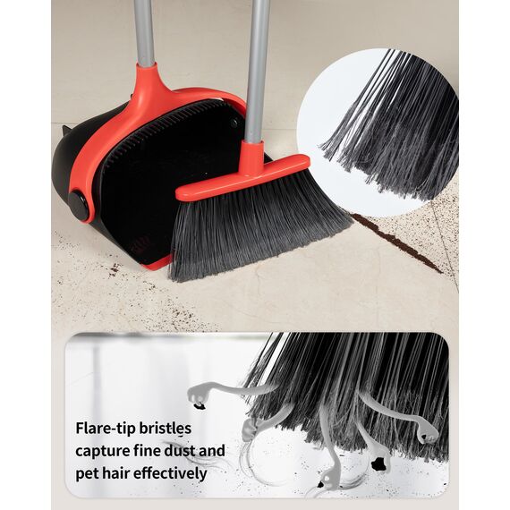 MR.SIGA Besen und Kehrschaufel Set mit langem Stiel, Standbesen mit Kehrschaufel für die Bodenreinigung, leichtes Kehrset für den Innen- und Aussenbereich, 51.7"(131 cm) Langer Stiel, Schwarz & Rot