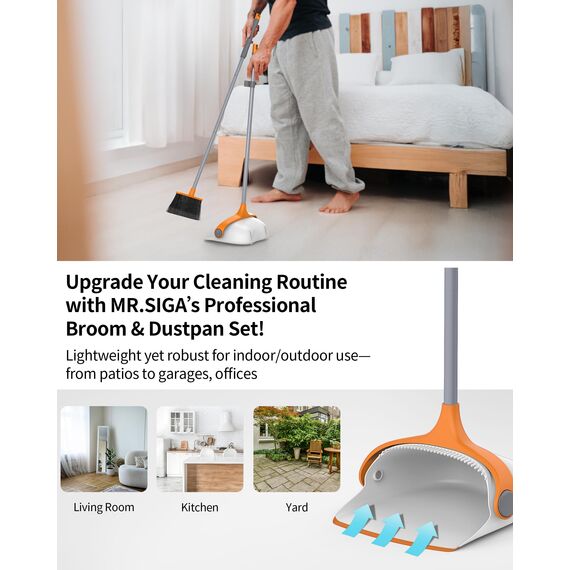 MR.SIGA Besen und Kehrschaufel Set mit langem Stiel, Standbesen mit Kehrschaufel Combo für die Reinigung von Büro, Garage, Lobby, leichtes Kehrset, 51.7"(131 cm) Langer Stiel, Weiß & Orange