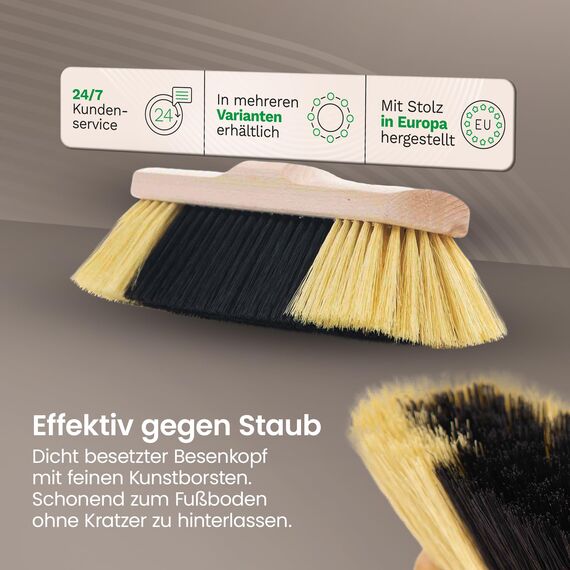 Novaliv Zimmerbesen mit Stiel FEINE KUNSTBORSTEN Besen weiche Borsten dicht besetzt Schrankbesen Holzbesen mit Teleskopstiel Künstliche PP Borsten Besen für Laminat und Parkett Stubenbesen