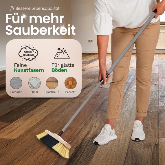 Novaliv 2er Set Zimmerbesen mit Stiel FEINE KUNSTBORSTEN Besen weiche Borsten dicht besetzt Schrankbesen Holzbesen mit Teleskopstiel Künstliche PP Borsten Besen für Laminat und Parkett Stubenbesen