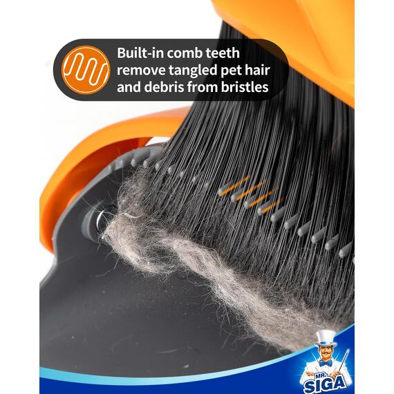 MR.SIGA Besen und Kehrschaufel Set mit langem Stiel, Standbesen mit Kehrschaufel Combo für die Reinigung von Büro, Garage, Lobby, leichtes Kehrset, 51.7"(131 cm) Langer Stiel, Grau & Orange