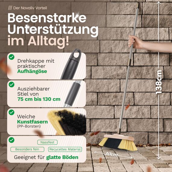 Novaliv 2er Set Zimmerbesen mit Stiel FEINE KUNSTBORSTEN Besen weiche Borsten dicht besetzt Schrankbesen Holzbesen mit Teleskopstiel Künstliche PP Borsten Besen für Laminat und Parkett Stubenbesen
