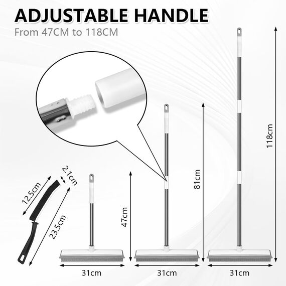 AMFUN 2 in 1 Gummibesen mit Stiel, Besen Gummiborsten, Langen Stiel Besen Entfernen von Tiere Katzen Hunde Haare, Bodenbürste für Bödenzum Teppiche Fliesen (mit 2 Hartborsten Eckenreinigungsbürste)