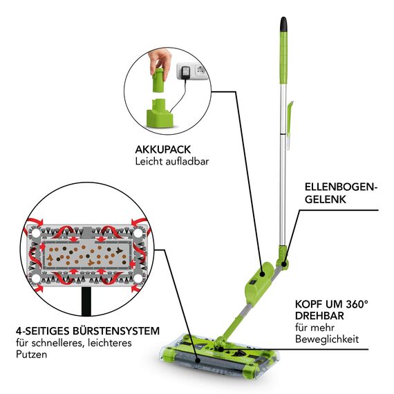 Swivel Sweeper Akku-Besen + Zusatzakku - einfache Krümelaufnahme - Kabellos, beutellos & wiederaufladbar - Bodenfeger mit rückenschonendem Knickgelenk & 360° Rotation - Maximale Flexibilität