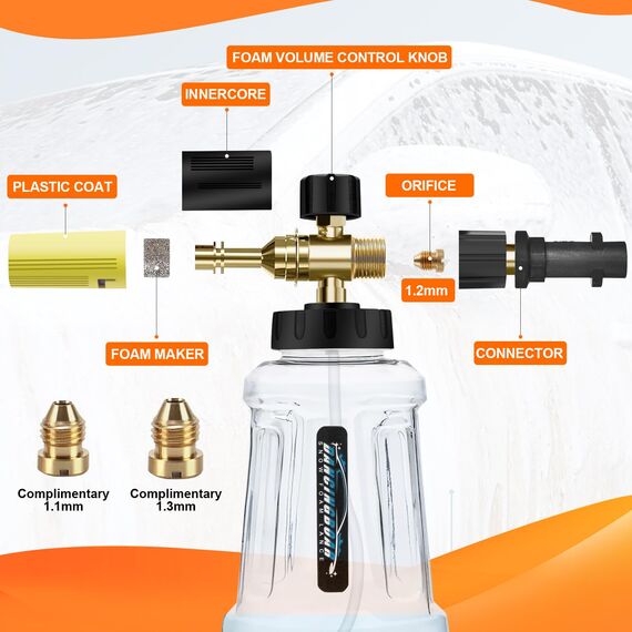 Verbesserte Schaumlanze Schaumkanone für Kärcher K-Serie K2 K3 K4 K5 K6 K7 Hochdruckreiniger, 1L Schneeschaumlanze mit Verstellbarer Schaumdüse für Autowäsche (Schwarz & Gelb)